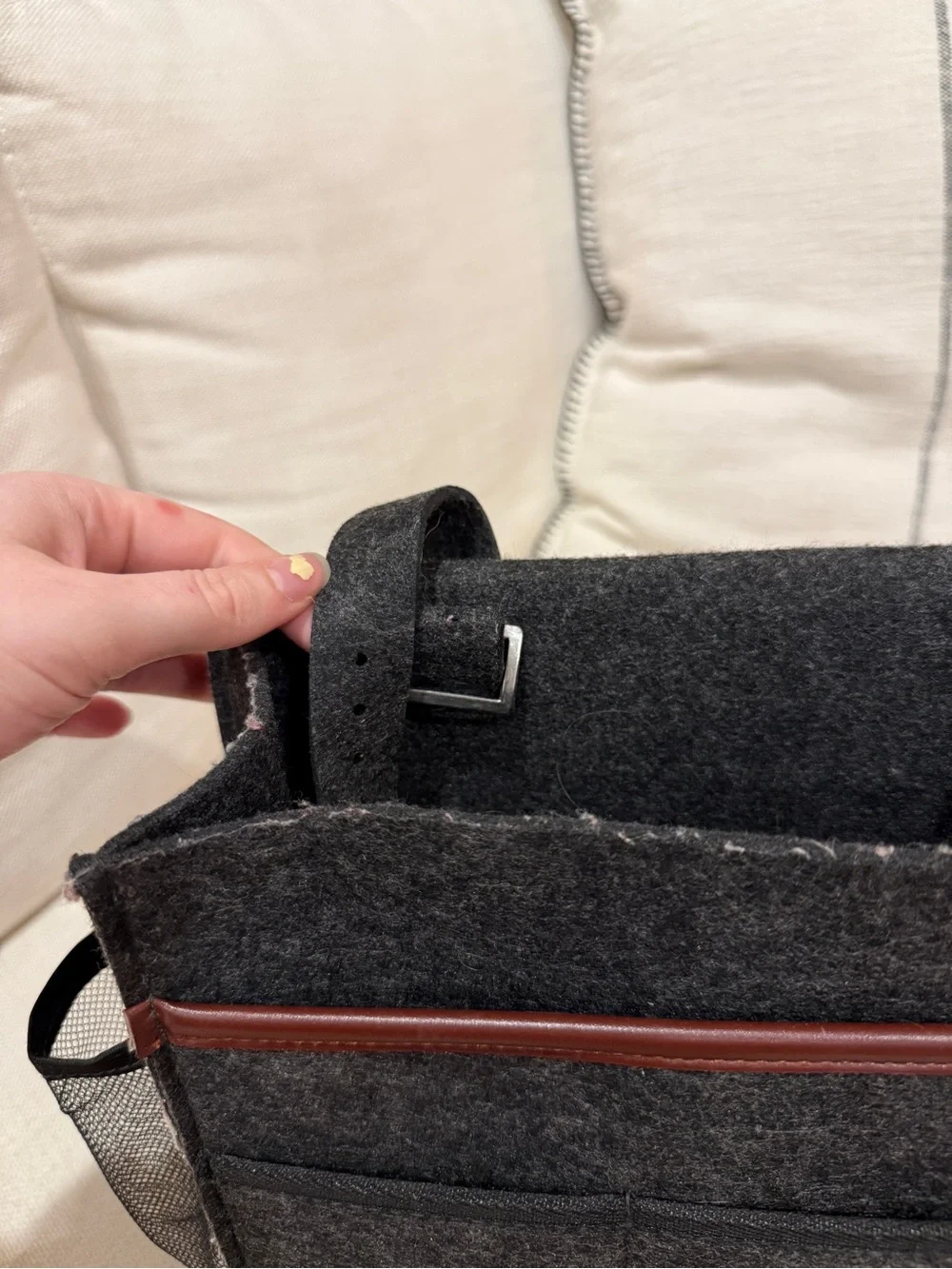 Dark Gray Felt Bedside Organizer with Brown Trim